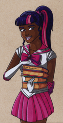 Size: 787x1523 | Tagged: safe, artist:fires-storm, derpibooru import, part of a set, sci-twi, twilight sparkle, human, adorkable, anime, beautiful, book, clothes, crossover, cute, dark skin, dork, female, humanized, lipstick, pink lipstick, pleated skirt, ponytail, sailor moon, sailor scout, sailor twilight, skirt, smiling, solo, traditional art, twiabetes, woman