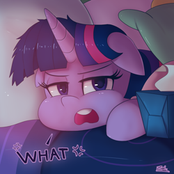 Size: 1920x1920 | Tagged: safe, artist:zelc-face, derpibooru import, twilight sparkle, alicorn, pony, school daze, annoyed, bed, cute, floppy ears, looking at you, open mouth, pillow, pillowfort pouting, pouting, sad, scene interpretation, signature, solo, text, tissue box, twilight is not amused, unamused