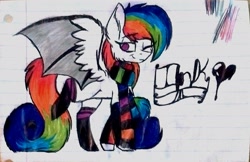 Size: 2176x1408 | Tagged: safe, artist:lillucy6, derpibooru import, oc, oc only, bat pony, pony, bat pony oc, clothes, female, lined paper, mare, one eye closed, rainbow hair, scarf, socks, solo, striped socks, traditional art, wink