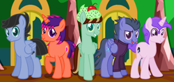 Size: 1720x812 | Tagged: safe, artist:razorbladetheunicron, derpibooru import, oc, oc only, oc:blizzard, oc:disco lights, oc:iridescent garnet, oc:mint chip, oc:obsidian pie, pegasus, pony, unicorn, alternate universe, base used, cherry, clothes, food, group, hat, jacket, lateverse, next generation, offspring, parent:big macintosh, parent:flash sentry, parent:flitter, parent:limestone pie, parent:soarin', parent:thunderlane, parent:twilight sparkle, parents:flashlight, parents:flitterlane, parents:limin'