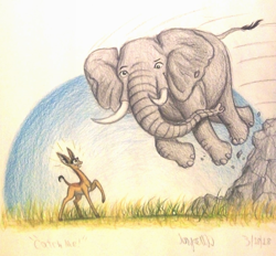 Size: 1040x964 | Tagged: safe, artist:thefriendlyelephant, derpibooru import, oc, oc:nuk, oc:obi, antelope, elephant, gerenuk, animal in mlp form, derp, grass, rock, speed lines, this will end in pain, traditional art