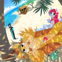 Size: 2200x2200 | Tagged: safe, artist:francisart, derpibooru import, oc, oc only, oc:shining watermelon, alicorn, avali, beach, beach house, bong, hammock, juice, looking at you, relaxing, starbound, sword, weapon