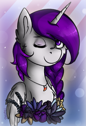 Size: 597x872 | Tagged: safe, derpibooru import, oc, oc:windy gearwhisperer, alicorn, bust, cute, dagongarres, flower, gray, purple hair