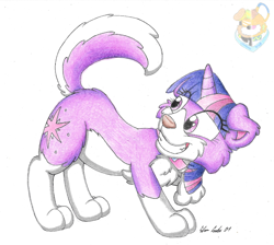 Size: 960x860 | Tagged: safe, artist:silversimba01, derpibooru import, twilight sparkle, dog, collie, cutie mark, dogified, female, happy, horn, species swap, tail, traditional art, twilight barkle