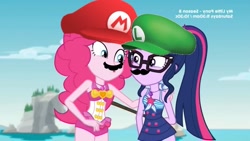 Size: 1920x1080 | Tagged: safe, derpibooru import, edit, edited screencap, screencap, pinkie pie, sci-twi, twilight sparkle, better together, equestria girls, friendship math, cap, crossover, hat, luigi, luigi's hat, mario, mario & luigi, mario's hat, super mario bros.