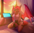 Size: 3605x3455 | Tagged: safe, artist:hakkids2, artist:kinky_spy, derpibooru import, oc, oc only, oc:fruitful melody, oc:rc, anthro, bat pony, collaboration, anthro oc, bat pony oc, bed, bedroom, breasts, cleavage, clothes, computer, doll, eyes closed, female, kneeling, laptop computer, mare, shorts, sleepy, solo, spread wings, sunrise, tanktop, toy, yawn, ych result