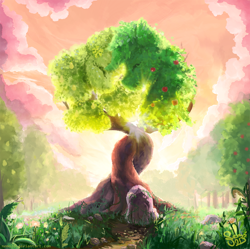 Size: 900x897 | Tagged: safe, artist:nemo2d, the perfect pear, apple, apple tree, cloud, crepuscular rays, food, fruit, grass, intertwined trees, nature, no pony, pear, pear tree, rock, sky, tree, when you see it