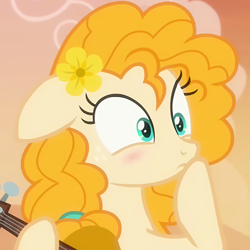 Size: 482x482 | Tagged: safe, screencap, pear butter, earth pony, pony, the perfect pear, blushing, cropped, cute, female, floppy ears, flower, flower in hair, guitar, mare, pearabetes, raised hoof, solo