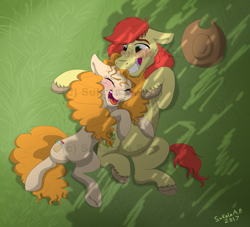 Size: 1676x1524 | Tagged: safe, artist:sukalaap, bright mac, pear butter, pony, the perfect pear, brightbutter, female, grass, male, shade, shipping, signature, snuggling, straight, watermark