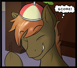 Size: 583x519 | Tagged: safe, artist:dark candle, button mash, pony, comic:game over, beanie, blushing, comic, cropcon, cropped, explicit source, hat