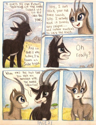 Size: 1080x1396 | Tagged: safe, artist:thefriendlyelephant, oc, oc only, oc:sabe, oc:uganda, antelope, giant sable antelope, comic:sable story, acacia tree, africa, animal in mlp form, comic, horns, mountain, savanna, speech bubble, traditional art