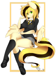 Size: 800x1086 | Tagged: safe, artist:teranen, oc, oc only, anthro, pegasus, anthro oc, art trade, breasts, clothes, colored pupils, crossed legs, cute, female, harry potter, hufflepuff, looking at you, mare, mary janes, miniskirt, moe, pleated skirt, school uniform, shoes, simple background, skirt, skirt lift, smiling, socks, thighs, transparent background