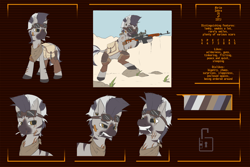 Size: 3000x2000 | Tagged: safe, artist:atane27, oc, oc only, oc:ahrim, pony, zebra, fallout equestria, bandaid, bandana, cigarette, facial hair, goatee, goggles, grin, gun, hooves, male, optical sight, piercing, reference sheet, rifle, saddle bag, scar, smiling, smoking, sniper rifle, sniperskya vintovka dragunova, solo, stallion, stats, teeth, text, weapon
