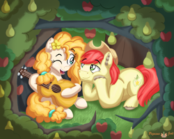 Size: 2500x2000 | Tagged: safe, artist:floofyfoxcomics, bright mac, pear butter, pony, the perfect pear, apple, brightbutter, female, food, guitar, high res, male, previous generation, shipping, straight