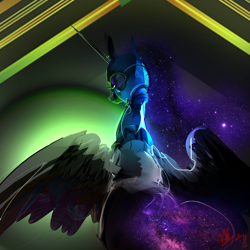 Size: 2000x2000 | Tagged: safe, artist:alumx, nightmare moon, alicorn, pony, female, helmet, looking back, mare, rear view, solo, stars