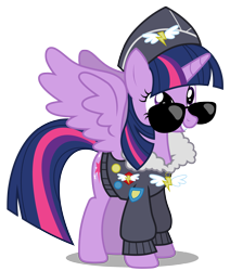 Size: 2545x3000 | Tagged: safe, artist:brony-works, twilight sparkle, twilight sparkle (alicorn), alicorn, pony, testing testing 1-2-3, ancient wonderbolts uniform, commander easy glider, female, high res, mare, simple background, solo, spread wings, sunglasses, transparent background, vector, wings