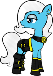 Size: 264x378 | Tagged: safe, artist:ficficponyfic, artist:minus, color edit, edit, oc, oc only, oc:sunshine sea, earth pony, pony, adult, clothes, collar, colored, colt quest, ear piercing, eyeshadow, female, gold, jewelry, leather, makeup, mare, pendant, piercing, simple background, solo, transparent background