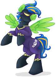 Size: 504x697 | Tagged: safe, artist:chromaflow, oc, oc only, oc:chroma flow, pegasus, pony, clothes, costume, male, rearing, shadowbolts costume, simple background, solo, stallion, standing, standing on one leg, transparent background