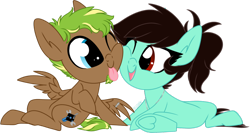 Size: 1024x546 | Tagged: safe, artist:kellythedrawinguni, oc, oc only, earth pony, pegasus, pony, chibi, female, male, mare, one eye closed, simple background, stallion, tongue out, transparent background, underhoof