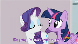 Size: 1280x720 | Tagged: safe, derpibooru import, screencap, rarity, twilight sparkle, twilight sparkle (alicorn), alicorn, pony, unicorn, all bottled up, discovery family logo, out of context, subtitles