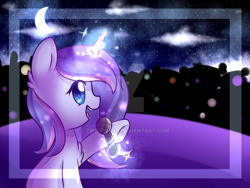 Size: 1024x768 | Tagged: safe, artist:twily-star, oc, oc only, oc:silver swirls, pony, unicorn, female, mare, microphone, night, singing, solo, watermark