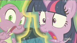 Size: 910x512 | Tagged: safe, screencap, spike, twilight sparkle, twilight sparkle (alicorn), alicorn, dragon, pony, a flurry of emotions, discovery family logo, magic, shocked, telekinesis