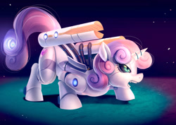 Size: 1400x990 | Tagged: safe, artist:bakki, sweetie belle, sweetie bot, pony, robot, robot pony, unicorn, commission, cutie mark, energy weapon, female, filly, foal, gun, hooves, horn, open mouth, solo, teeth, the cmc's cutie marks, weapon