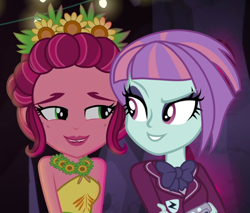 Size: 724x616 | Tagged: safe, artist:themexicanpunisher, artist:xmirlon, edit, edited screencap, screencap, gloriosa daisy, sunny flare, equestria girls, friendship games, legend of everfree, bowtie, clothes, crystal gala, crystal prep academy uniform, dress, female, flower, flower in hair, lip bite, school uniform