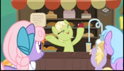 Size: 993x570 | Tagged: safe, screencap, chelsea porcelain, dinky hooves, granny smith, earth pony, pony, the perfect pear, adorasmith, background pony, boomerang (tv channel), cute, female, filly, happy, hooves up, mare, unnamed pony, vibrant melody, young granny smith