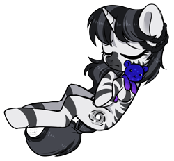 Size: 2136x1981 | Tagged: safe, artist:hawthornss, oc, oc only, oc:star cluster, unicorn, zebra, zebracorn, eyes closed, female, plushie, sad, simple background, sleeping, solo, transparent background