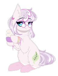 Size: 1569x2047 | Tagged: safe, artist:cloud-drawings, oc, oc only, oc:tea leaf, earth pony, pony, clothes, coffee, cup, female, glasses, mare, simple background, sitting, socks, solo, transparent background