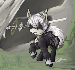 Size: 3308x3056 | Tagged: safe, artist:duop-qoub, earth pony, pony, 2b, android, blindfold, chest fluff, clothes, dress, ear fluff, female, frown, gritted teeth, gynoid, magic, magic circle, mare, nier, nier: automata, raised hoof, socks, solo, sword, weapon