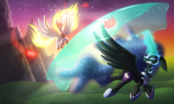 Size: 3000x1800 | Tagged: safe, artist:shad0w-galaxy, daybreaker, nightmare moon, pony, a royal problem, floppy ears, flying, force field, glowing horn, gritted teeth, magic, mountain, twilight (astronomy)