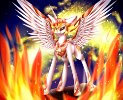 Size: 5560x4540 | Tagged: safe, artist:lumip0ny, daybreaker, pony, a royal problem, absurd resolution, chest fluff, fire, huge ears, mane of fire, smiling, solo, spread wings, wings