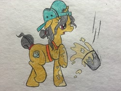 Size: 3264x2448 | Tagged: artist needed, dead source, safe, fresh coat, pony, apron, backwards ballcap, baseball cap, bucket, cap, clothes, drawthread, hat, open mouth, paint, paint can, paint on fur, raised hoof, solo, traditional art