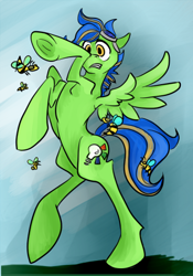 Size: 329x469 | Tagged: safe, artist:chromaflow, oc, oc only, oc:chroma flow, bee, pegasus, pony, bad anatomy, male, rearing, solo, stallion