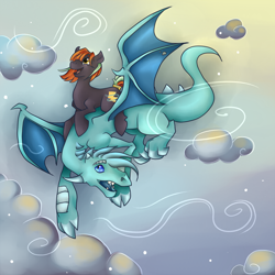 Size: 1110x1110 | Tagged: safe, artist:chromaflow, oc, oc only, oc:brim snow, dragon, earth pony, pony, male, ponies riding dragons, riding, stallion