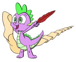 Size: 4172x3457 | Tagged: safe, artist:ravio-li, spike, dragon, absurd resolution, list, open mouth, paper, quill, simple background, smiling, solo, transparent background