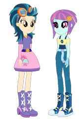 Size: 416x618 | Tagged: safe, artist:marrabo, indigo zap, sunny flare, equestria girls, boots, clothes, clothes swap, duo, duo female, ear piercing, earring, female, fingerless gloves, gloves, goggles, jewelry, piercing, shoes, simple background, skirt, transparent background