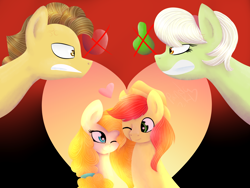 Size: 4000x3000 | Tagged: safe, artist:itssopanda, bright mac, grand pear, granny smith, pear butter, pony, the perfect pear, brightbutter, cross-popping veins, enemies, father and child, father and daughter, female, male, mother and child, mother and son, parent and child, shipping, straight, young grand pear, young granny smith, younger