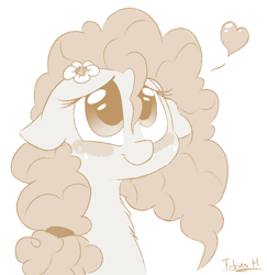 Size: 1400x1440 | Tagged: safe, artist:fakskis, pear butter, earth pony, pony, the perfect pear, blushing, bust, buttercup, chest fluff, cute, female, floating heart, floppy ears, flower, flower in hair, freckles, gray background, heart, lidded eyes, looking up, mare, monochrome, neck fluff, pearabetes, pictogram, portrait, simple background, sketch, smiling, solo, spoken heart