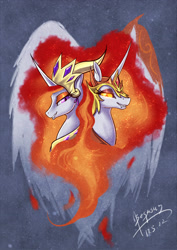 Size: 2480x3507 | Tagged: safe, artist:begasus, daybreaker, nightmare star, alicorn, pony, a royal problem, crown, day star, duality, female, helmet, jewelry, lesbian, mare, regalia, shipping, smiling