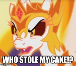 Size: 358x311 | Tagged: safe, edit, edited screencap, screencap, daybreaker, alicorn, pony, a royal problem, angry, cake, cakelestia, cropped, daycaker, food, image macro, meme, solo