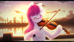 Size: 4096x2304 | Tagged: safe, artist:redstoneengine, oc, oc only, oc:lawyresearch, pony, unicorn, absurd resolution, bipedal, bow (instrument), city, clothes, female, glasses, one eye closed, scenery, violin, wink