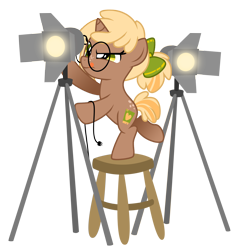 Size: 3361x3529 | Tagged: safe, artist:lostinthetrees, oc, oc only, oc:copper chip, pony, unicorn, babscon, female, filly, glasses, high res, mare, simple background, solo, spotlight, stool, tongue out, transparent background