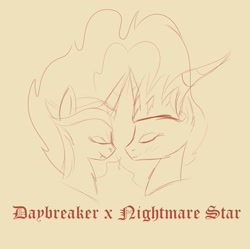 Size: 1676x1668 | Tagged: safe, daybreaker, nightmare star, alicorn, pony, a royal problem, blackletter, day star, female, lesbian, mare, self ponidox, selfcest, shipping, simple background, sketch, sketch dump