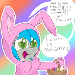 Size: 2000x2000 | Tagged: safe, artist:laptopbrony, oc, oc only, oc:darcy sinclair, animal costume, bunny costume, clothes, costume, cute, dialogue