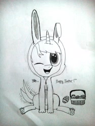 Size: 3120x4160 | Tagged: safe, artist:kimjoman, oc, oc only, oc:purple flix, absurd resolution, animal costume, bunny costume, bunny ears, chibi, clothes, costume, cute, easter, easter egg, female, filly, male, monochrome, solo
