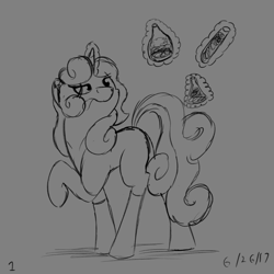 Size: 2000x2000 | Tagged: safe, artist:floofyfoxcomics, oc, oc only, oc:autumn science, pony, unicorn, female, high res, magic, mare, monochrome, science, sketch, solo, vial