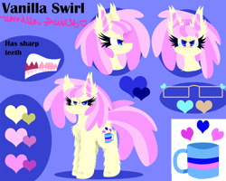 Size: 4500x3600 | Tagged: safe, artist:vanillaswirl6, oc, oc only, oc:vanilla swirl, earth pony, pony, absurd resolution, blue eyes, cutie mark, female, fluffy, glasses, heart, mare, profile, reference sheet, sharp teeth, teeth